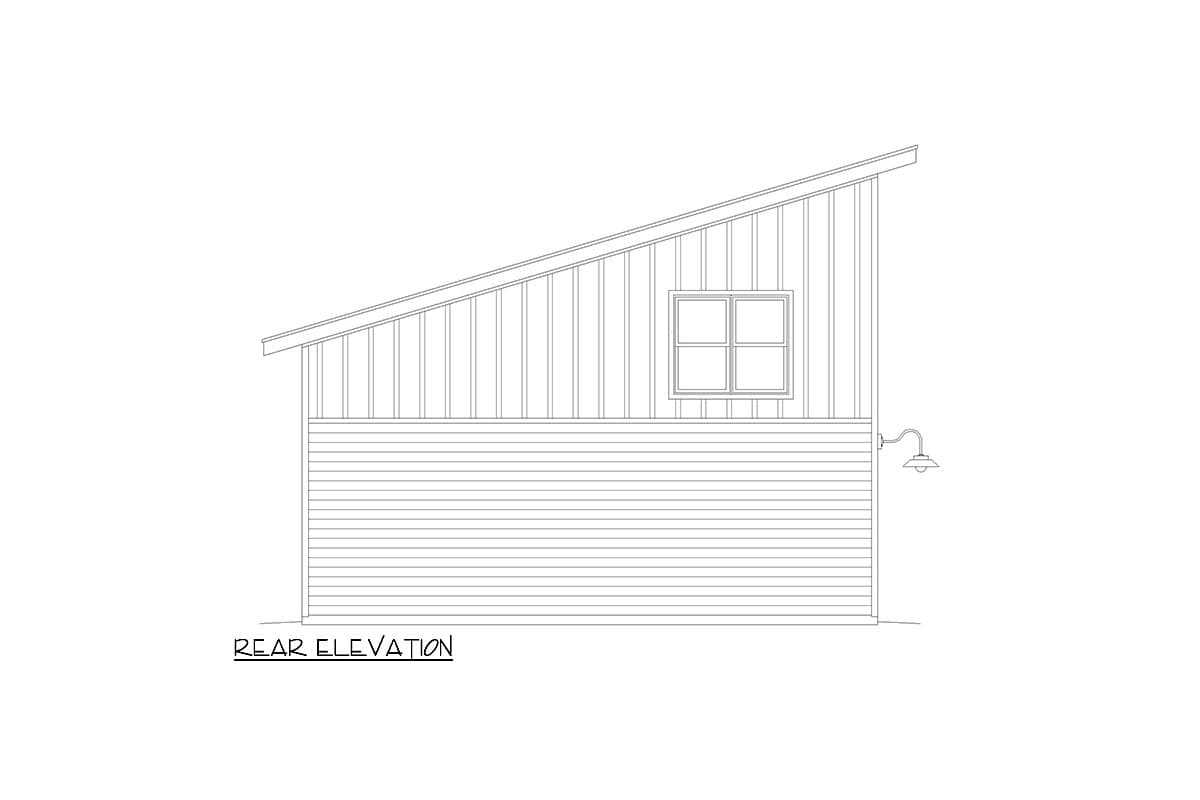 Rear elevation drawing of a house plan featuring a shed roof, vertical siding, horizontal siding, a window, and an exterior light fixture.