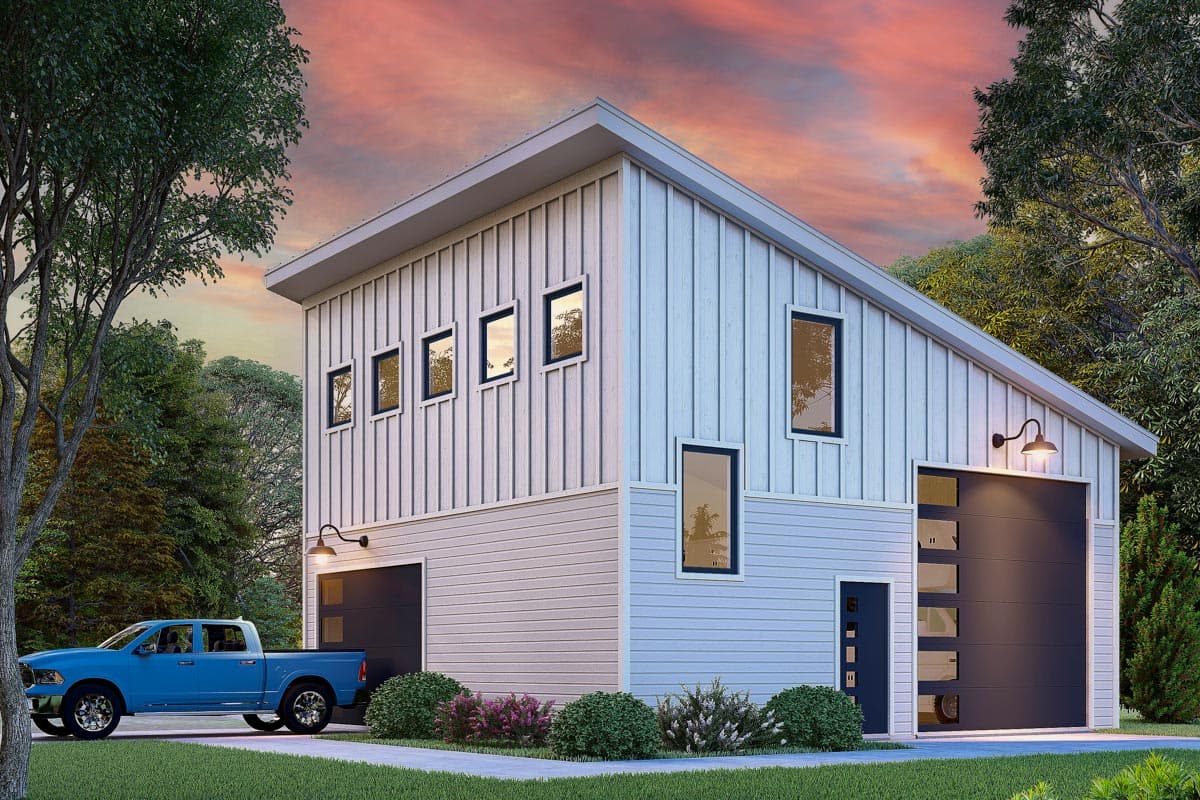 House plan exterior with modern style, two stories, and a shed roof. Features include a garage, board-and-batten siding, and clerestory windows.