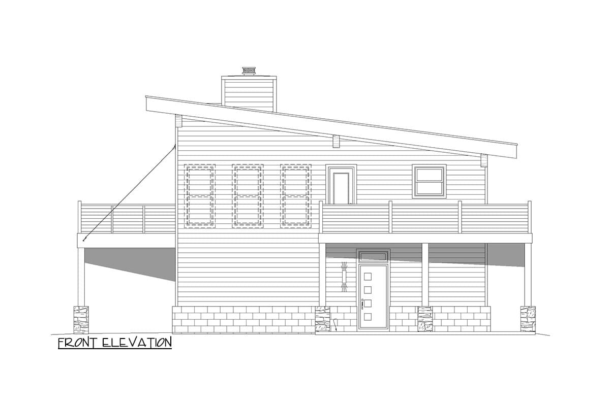 Front elevation of a two-story house plan with a sloped roof, porch, and deck.