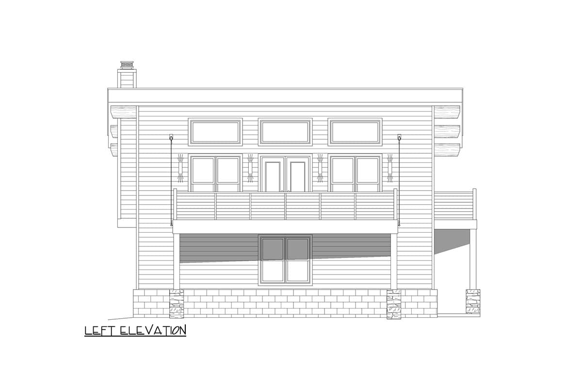 Left elevation of a house plan showing a two-story structure with a deck, multiple windows, and a pitched roofline.