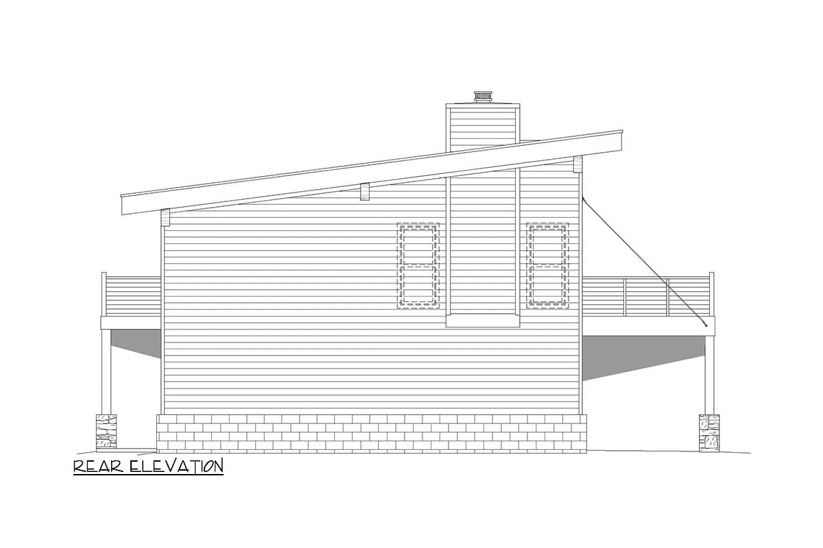 Rear elevation drawing of a modern house with a shed roof, horizontal siding, two windows, and a deck.
