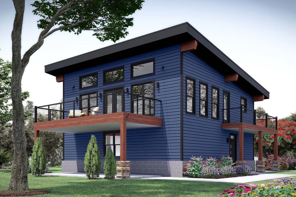 House plan exterior. Two-story modern style with horizontal siding, two balconies with black railings, and a low-slope shed roof.