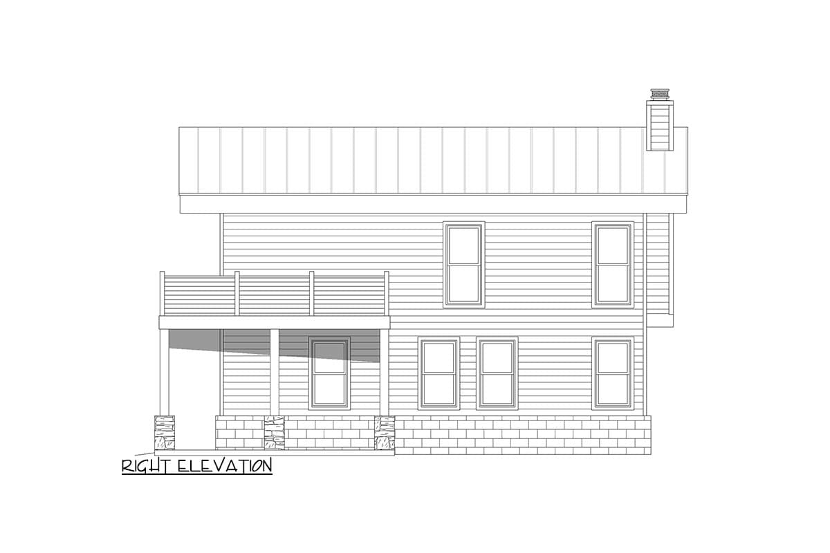 Right elevation house plan. Two stories, horizontal siding, upper deck, gabled roof, and brick foundation.