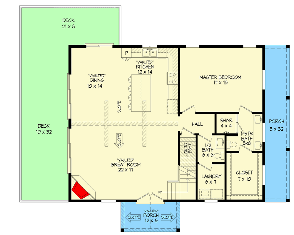 Plan 680214VR: Mountain House Plan with Large Deck and Lower Level Expansion - 1770 Sq Ft - Floor Plan - Main Level - Cottage, Country, Craftsman, Mountain, Vacation