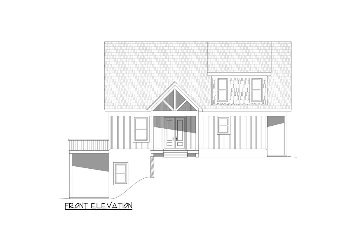 Front elevation of a house plan featuring a gabled entry porch, double doors, dormer windows, and a deck.