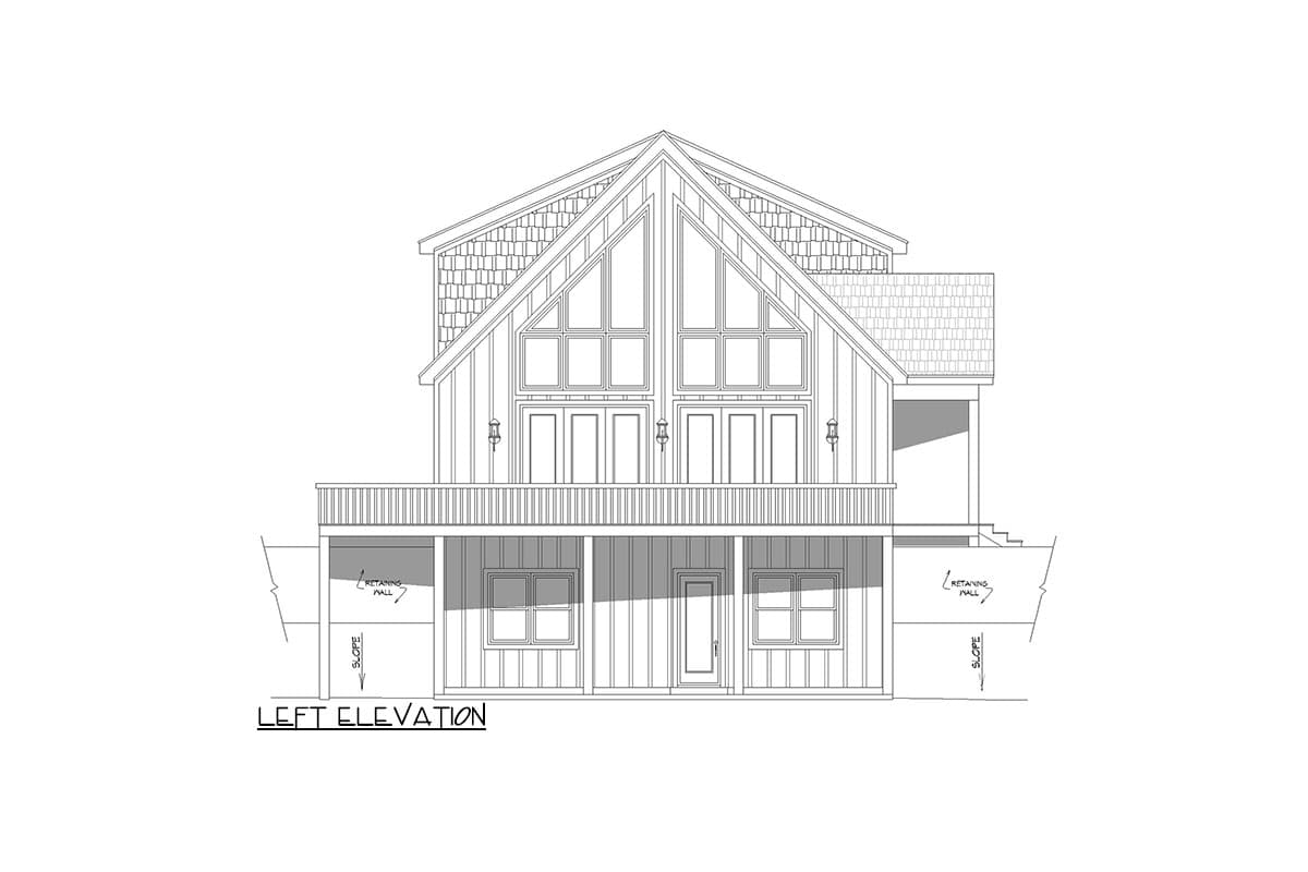 Left elevation house plan with A-frame roof, upper balcony, and basement level windows.