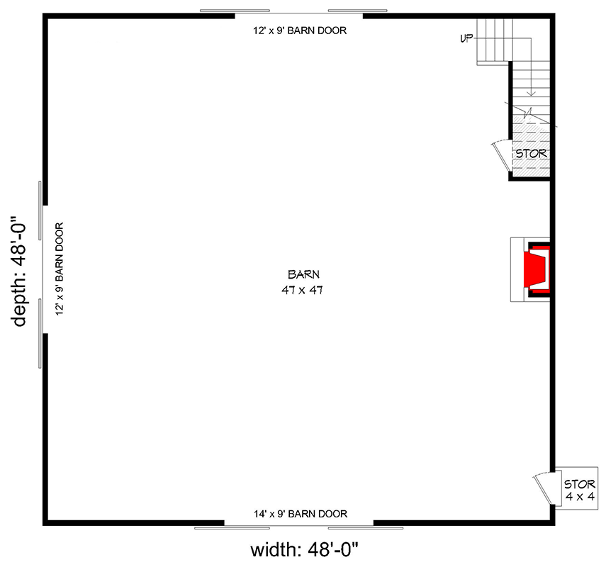 Plan 680215VR: 2304 Square Foot Barn with Loft Above - Floor Plan - Main Level - Farmhouse, Rustic, Traditional