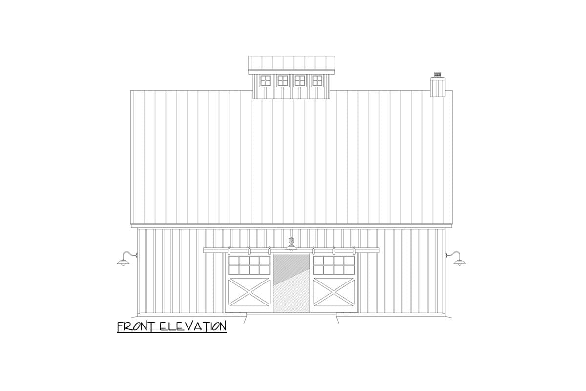 Front elevation drawing of a house plan featuring a gambrel roof, dormer windows, and double barn doors.