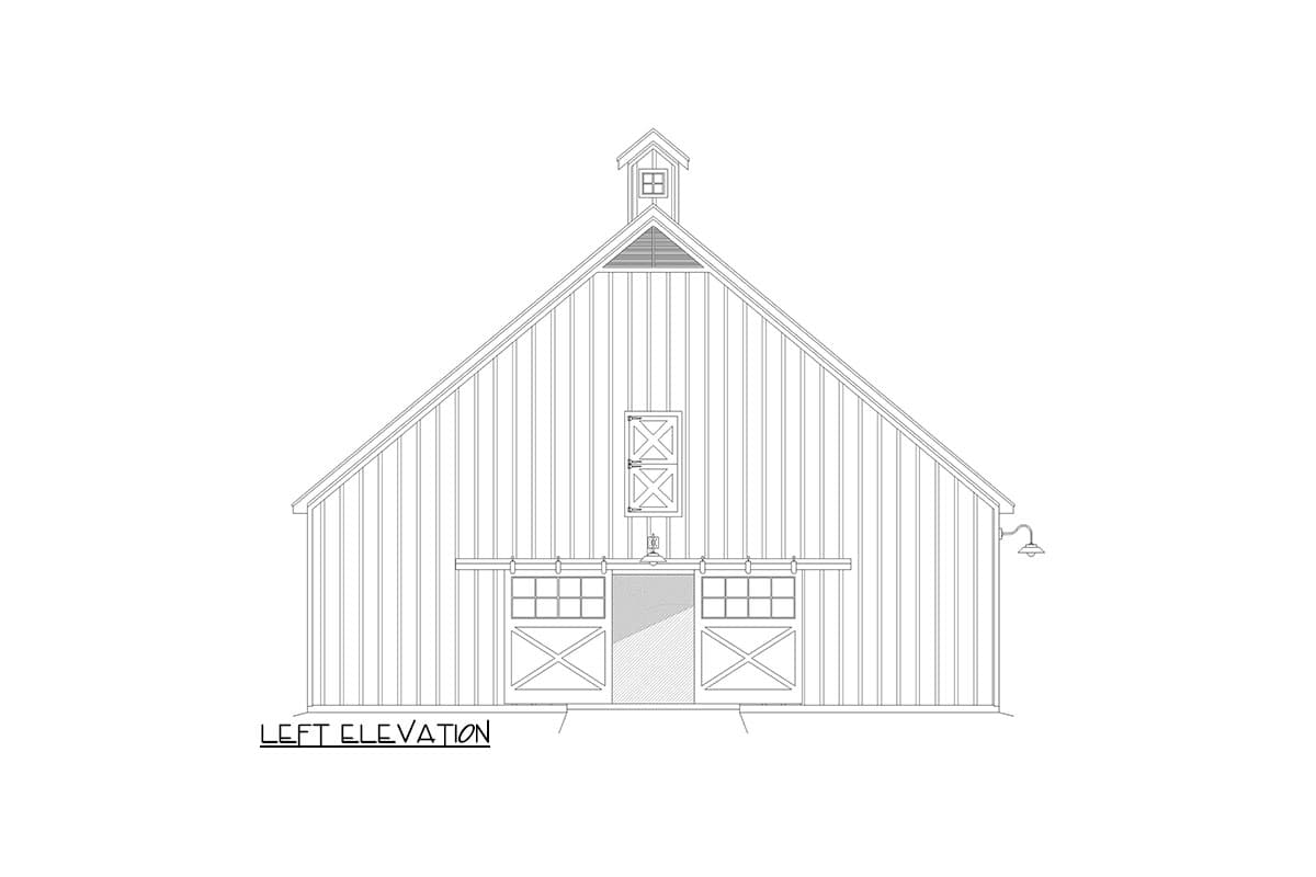Left elevation drawing of a barn-style house plan with vertical siding, gable roof, cupola, and double sliding barn doors.