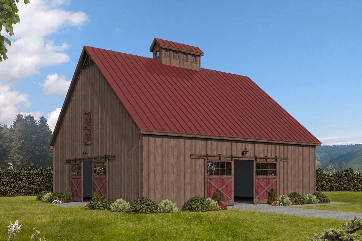 House plan exterior. Two-story barn-style structure with gable roof, cupola, and sliding barn doors. Exterior features red metal roofing.