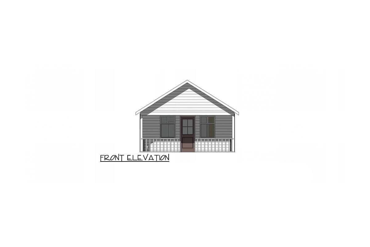 Front elevation drawing of a one-story house with a gabled roof, front porch, and two windows flanking the entry door.
