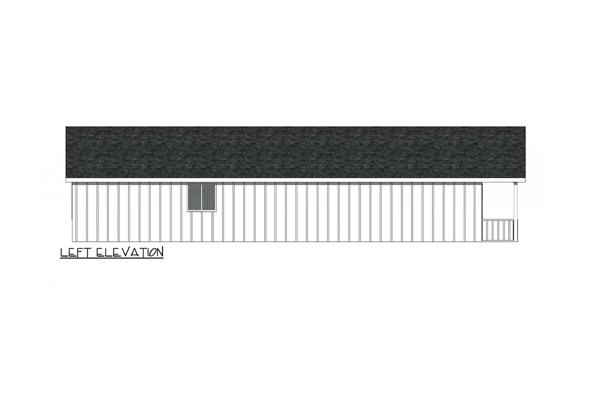 Left elevation drawing of a house plan with vertical siding, a single window, and a small porch with railing.