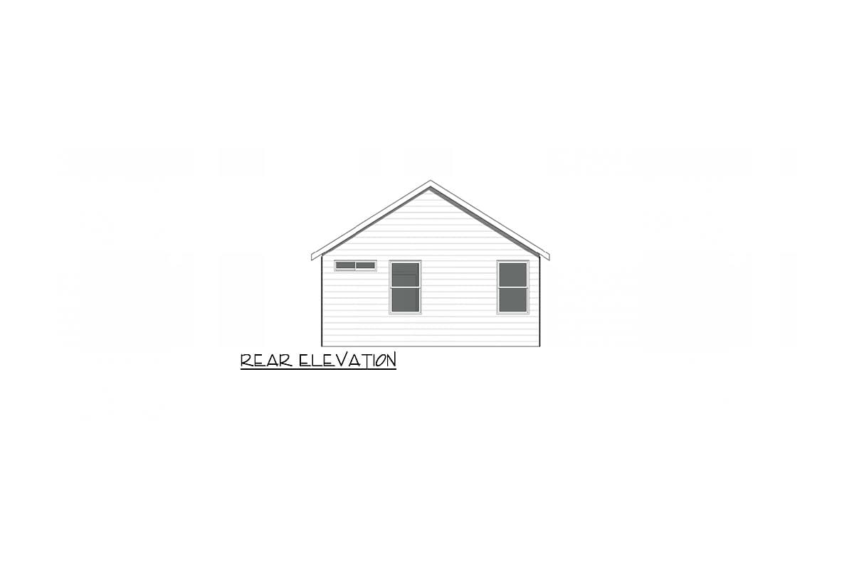 Rear elevation drawing of a house with a gable roof and three windows.