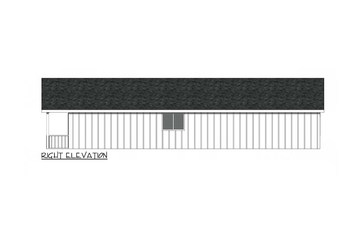 Right elevation house plan drawing showing a gabled roof, vertical siding, one window, and a covered porch with railing.