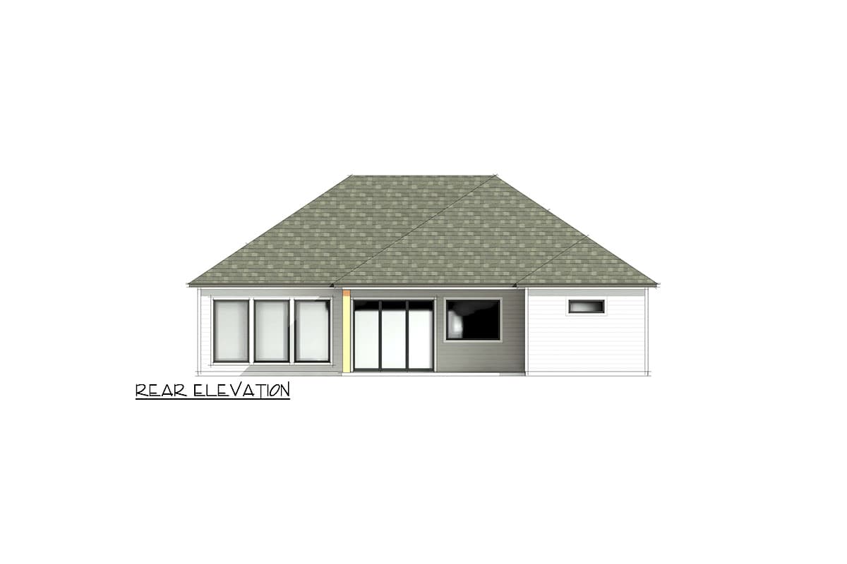 Rear elevation drawing of a single-story house with a hip roof, large windows, sliding glass doors, and horizontal siding.