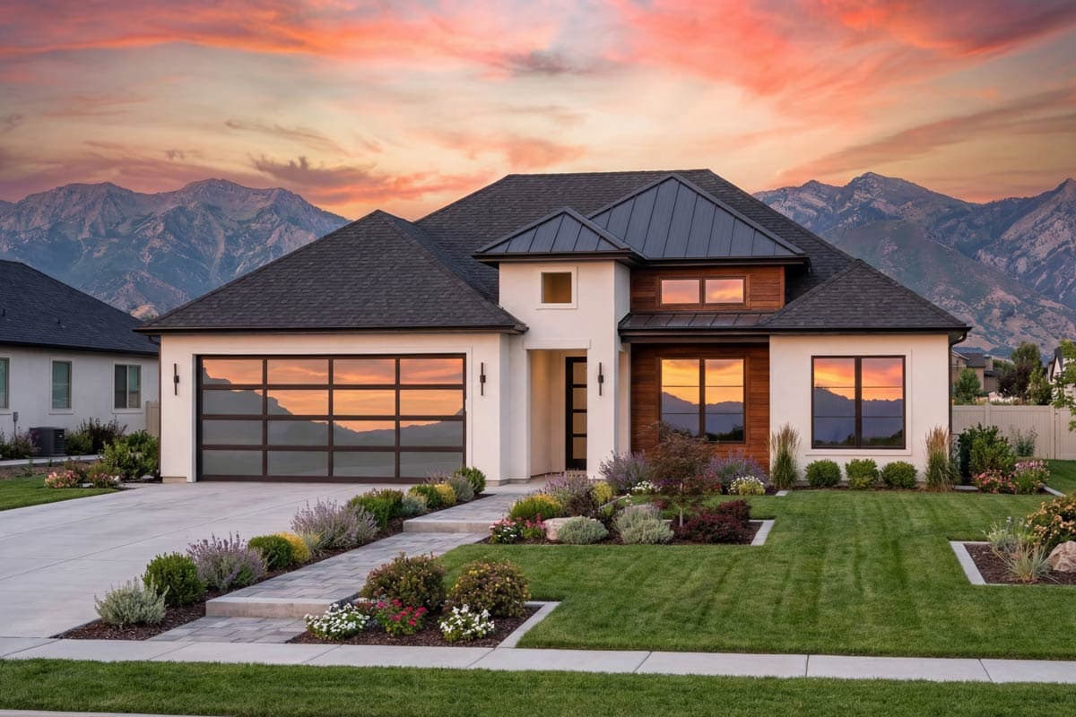 Modern house plan exterior with glass garage door, wood accents, and prominent rooflines against mountain backdrop.