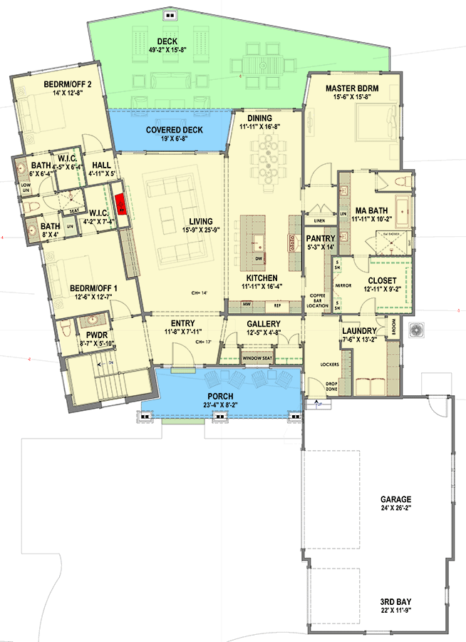 Plan 64544SC: Craftsman House Plan for a Pie-Shaped or Rear View Lot - 2734 Sq Ft - Floor Plan - Main Level - Craftsman, Mountain, Prairie, Ranch