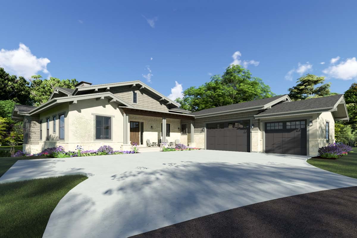 House plan exterior. Craftsman style, one-story home with a gabled roof, covered porch, and attached garage. Driveway leads to the house.