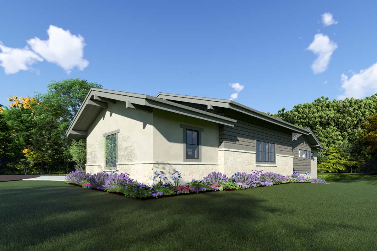 House plan exterior: Modern style, single-story with stone base, shingle siding, broad eaves, and prominent gable.