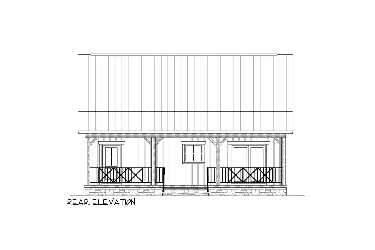 Rear elevation drawing of a house plan featuring a metal roof, covered porch with stone foundation, and X-pattern railings.