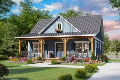 2-Bed Country Cottage with 8-Foot-Deep Front and Rear Porches - 1020 Sq Ft
