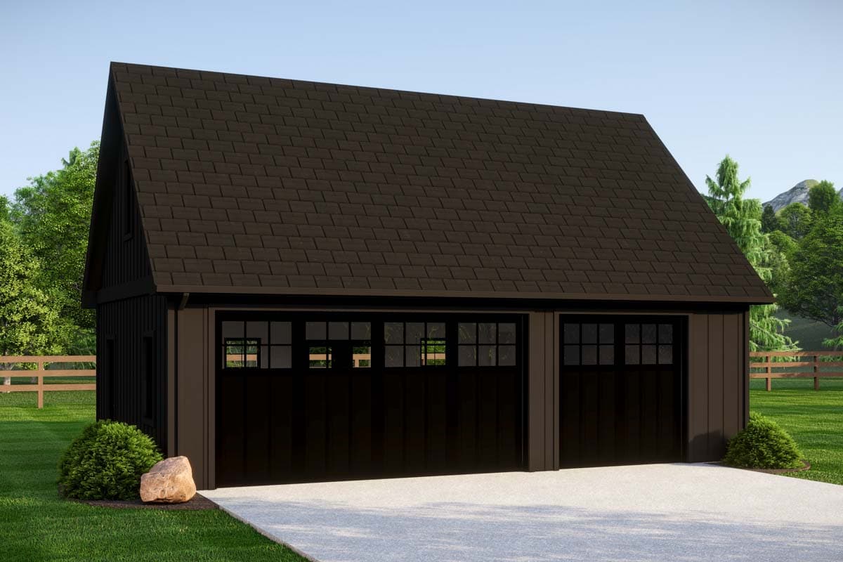 House plan exterior. Two-car garage with gabled roof, board and batten siding, and multi-pane windows above the doors.