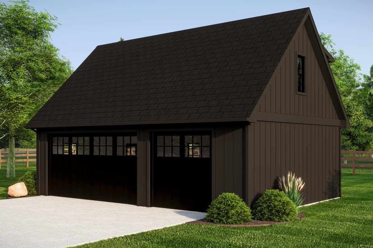 Modern Farmhouse style house plan exterior with two garage doors, gambrel roof, vertical siding, and a dormer window.