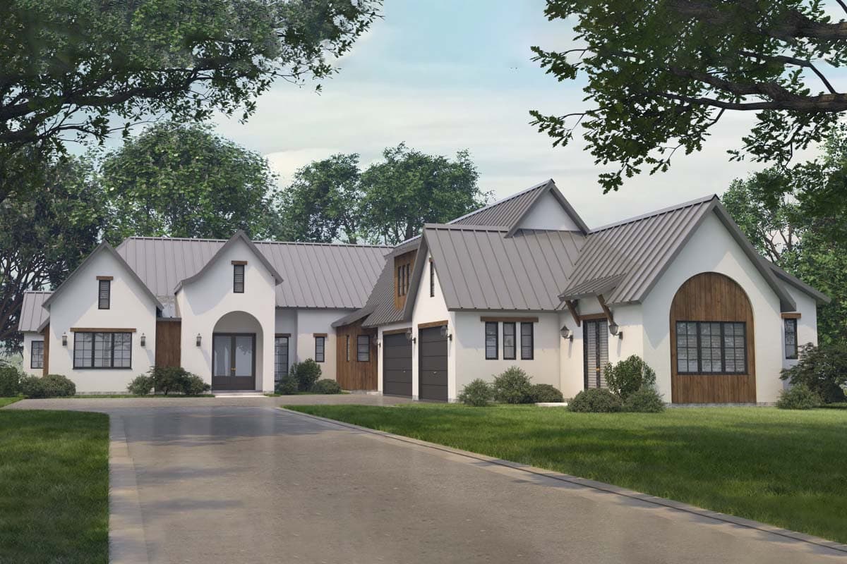 Modern Farmhouse style house plan exterior with white stucco, metal roofs, arched entryway, and attached garage.