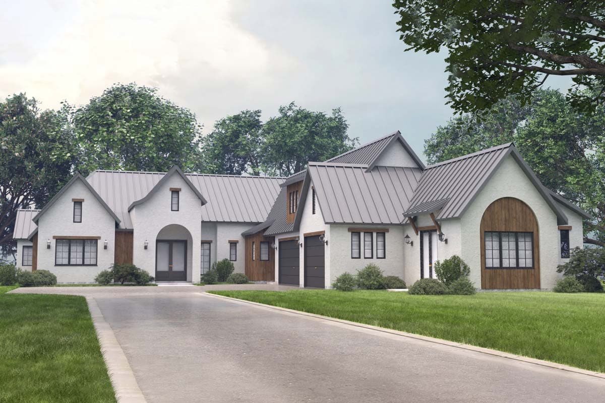 House plan exterior. Two-story, stucco-clad home with a metal roof. Features include gabled rooflines, a porte-cochere, and attached garage.