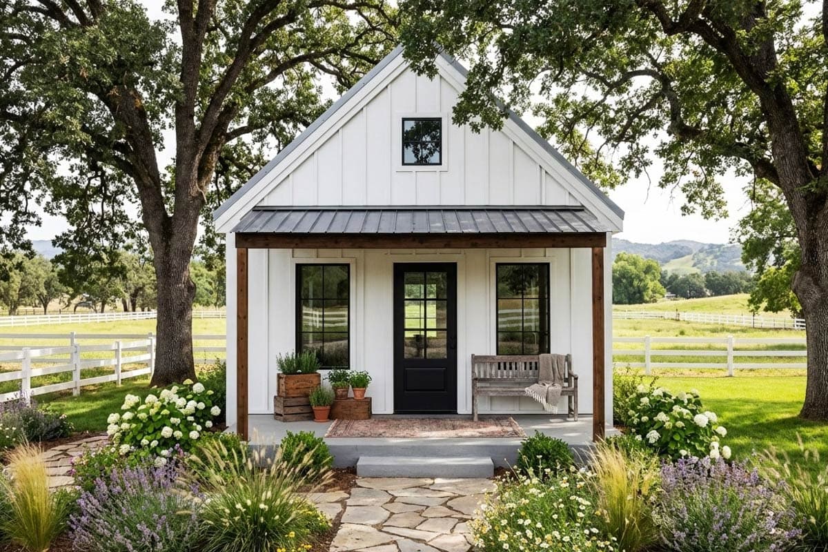 House plan exterior. Modern farmhouse style with one story, gable roof, covered porch, and window and door with black trim.