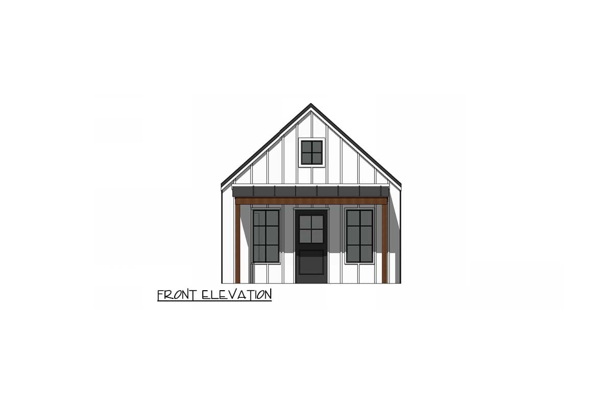Front elevation drawing of a small house with board and batten siding, two windows, a central door, and a gable roof.