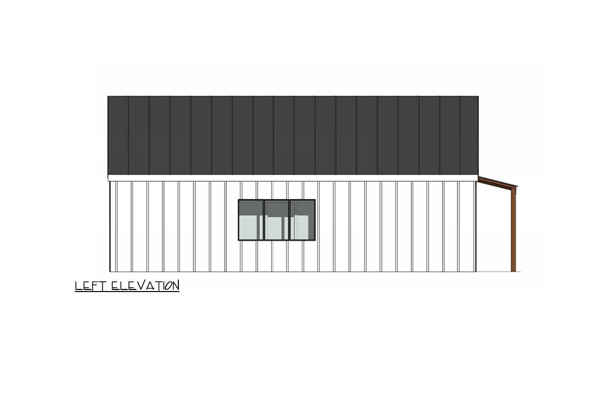 Left elevation house plan. Vertical siding and standing seam metal roof with one multi-pane window and covered eave.
