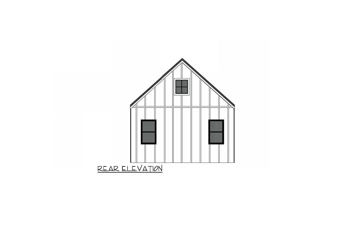 Rear elevation drawing of a house plan featuring vertical siding, two main windows, and a central dormer.