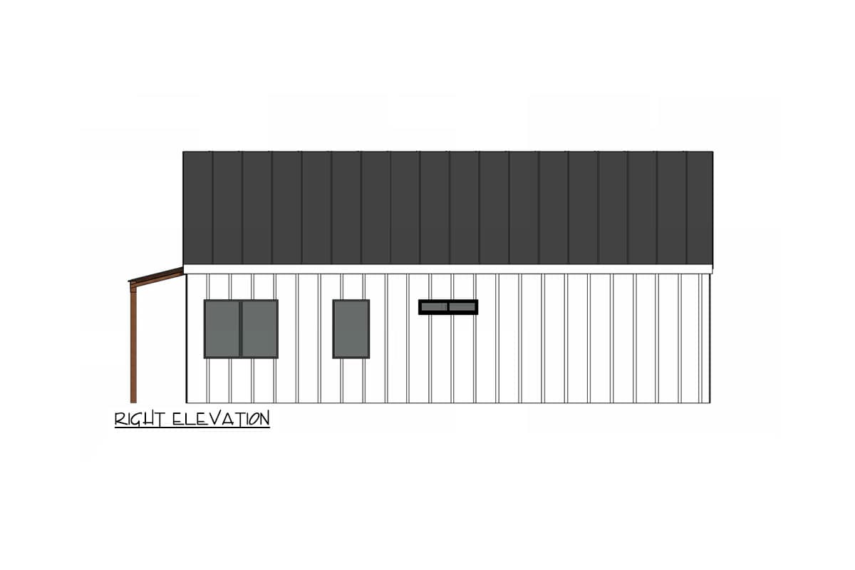 Right elevation house plan showing vertical siding, a metal roof, and three windows.