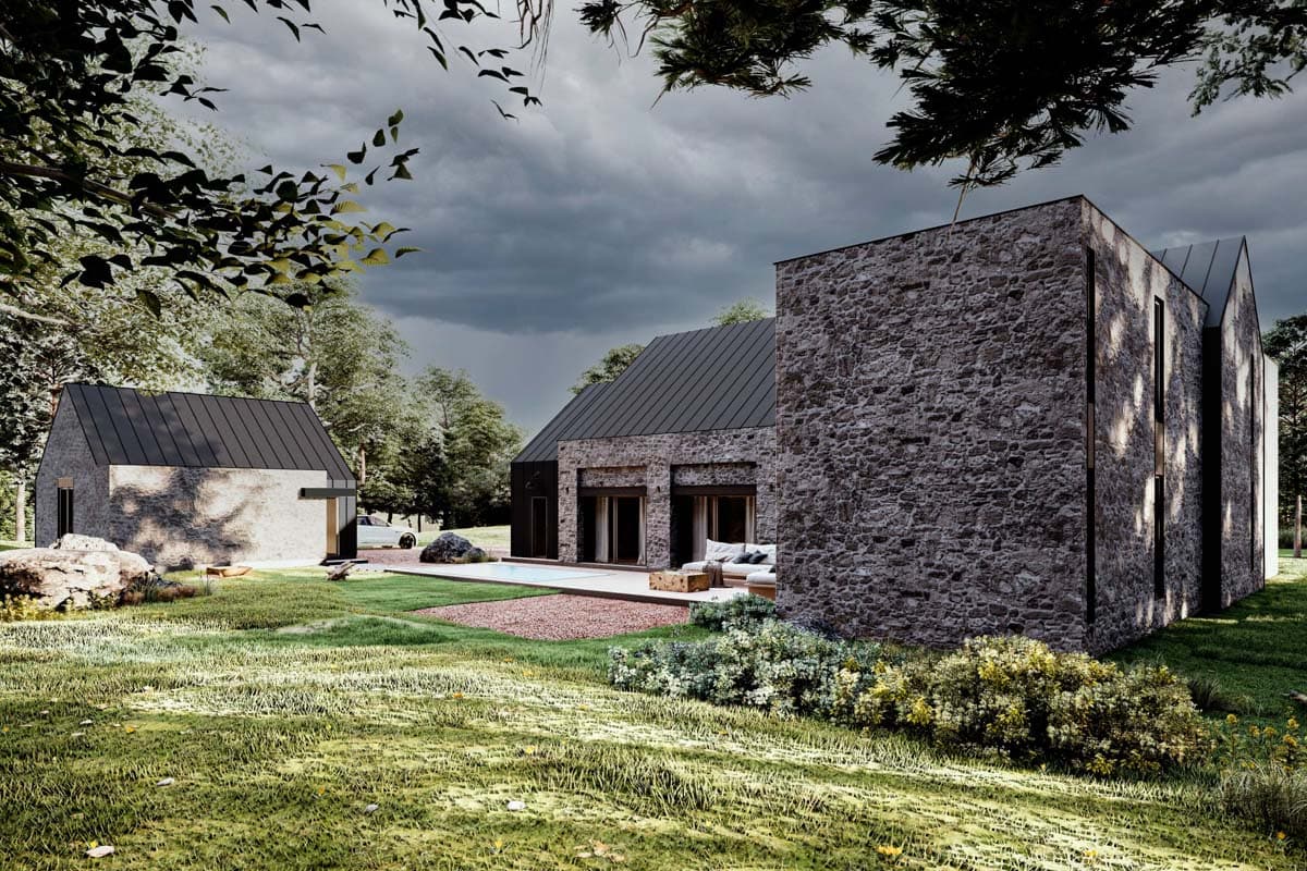 Modern stone house plan with dark metal roof, pitched gables, and large windows. Detached structure visible to left.