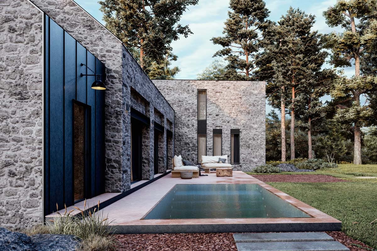 House plan exterior with stone facade, dark metal paneling, and a rectangular pool.