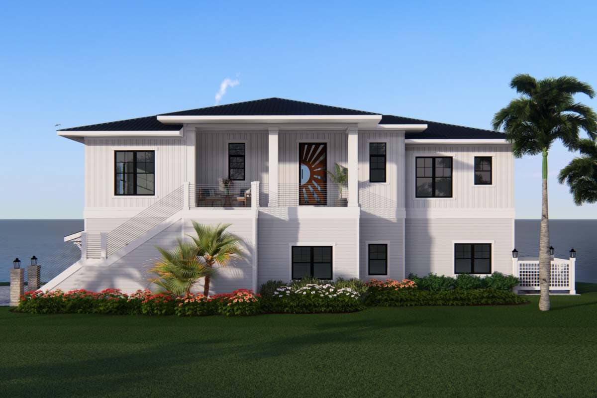 House plan exterior. Two-story, coastal style with a covered porch and balcony. Features include a flat roof and multiple windows with black frames.