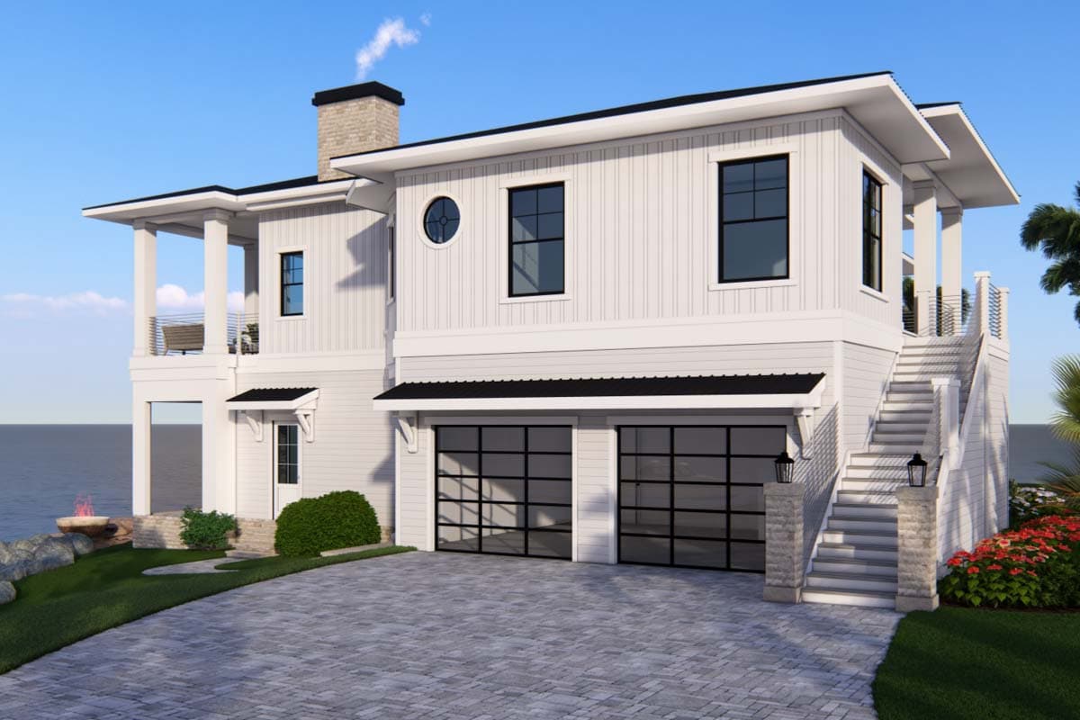 Modern house plan exterior with two-car garage, multiple balconies, and a prominent brick chimney.