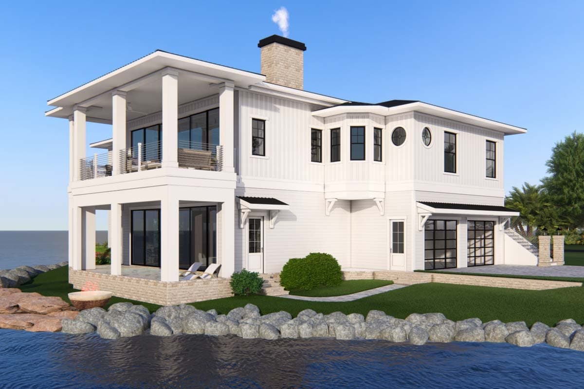 Modern house plan exterior: two stories, white siding, wraparound covered porches, large windows, bay window, and garage.