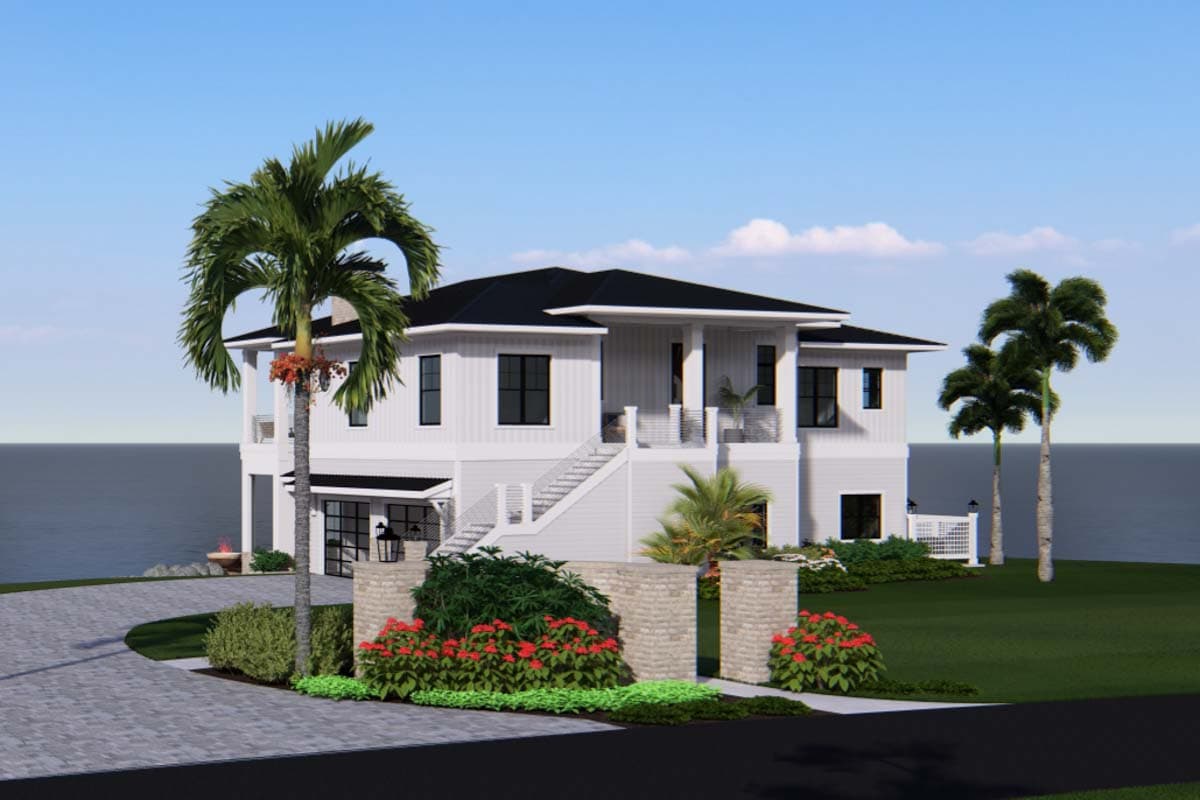 House plan exterior: two-story modern house with multiple balconies, white siding, black windows, and a sloped roof.