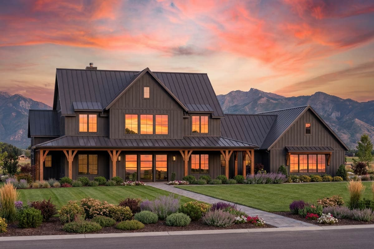 Modern Farmhouse style house plan exterior with a covered porch, gables, metal roof, and board-and-batten siding.