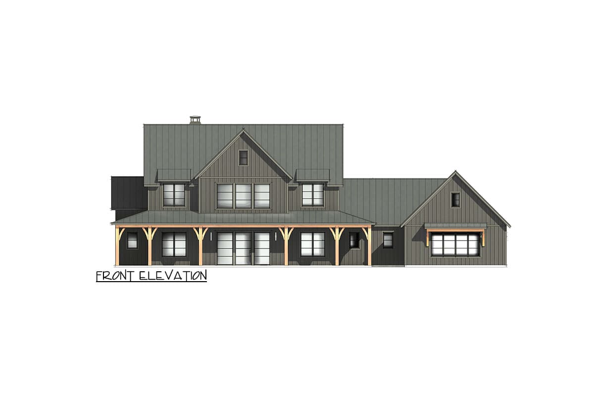 Front elevation of a two-story Modern Farmhouse with a metal roof, covered porch, and a large picture window.