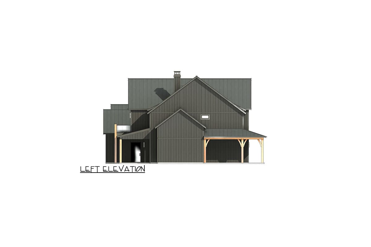 Left elevation of a two-story house plan with dark siding, a gabled roof, and a covered front porch with wooden posts.