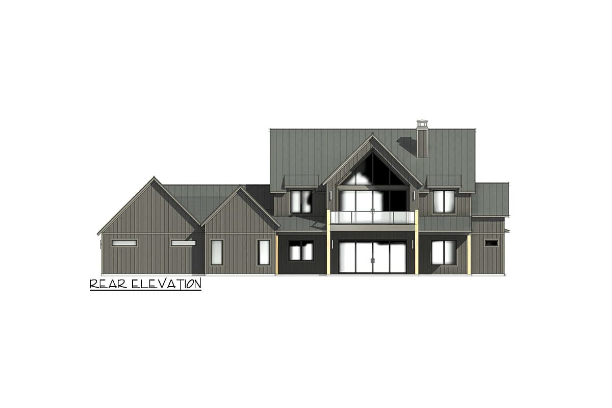 Rear elevation of a modern house plan featuring multiple gables, a standing seam roof, and a second-story balcony.