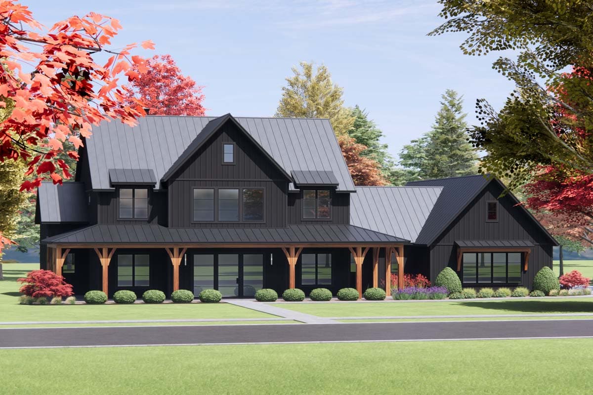 House plan exterior. Modern Farmhouse style, two stories. Features include a covered porch, multiple gables, and a metal roof.