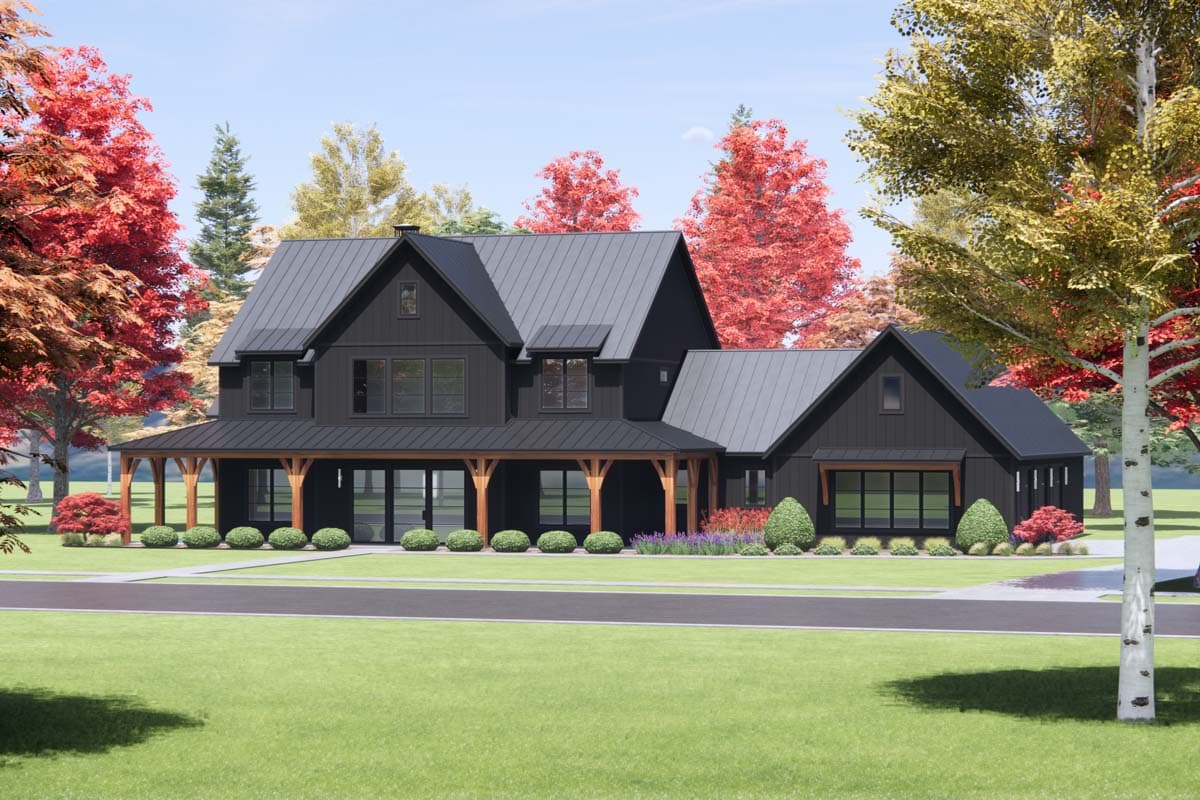 Modern Farmhouse house plan exterior. Two stories with a wraparound porch, metal gables, and dark siding.
