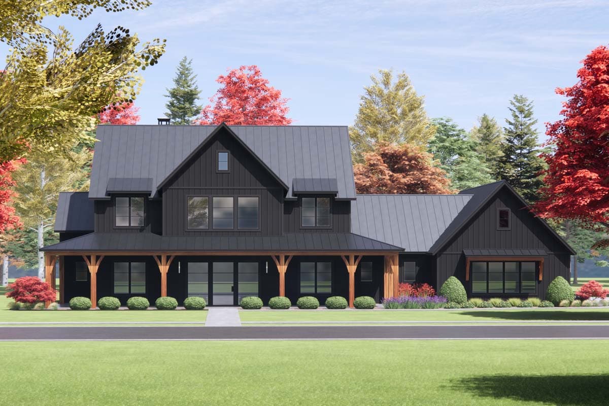 Modern Farmhouse house plan exterior with a standing seam metal roof, covered porch with wooden beams, and board-and-batten siding.