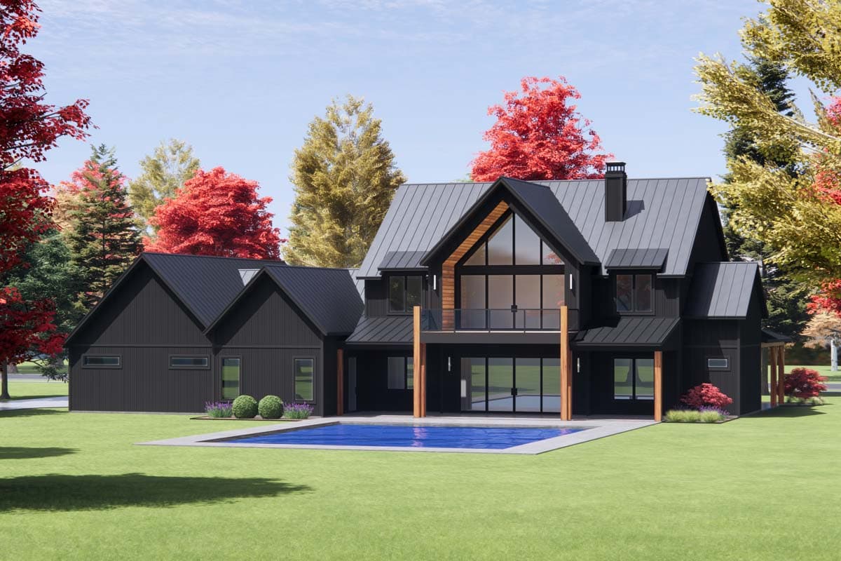 House plan exterior with dark siding, gabled rooflines, a prominent gable with large windows, and attached garage.