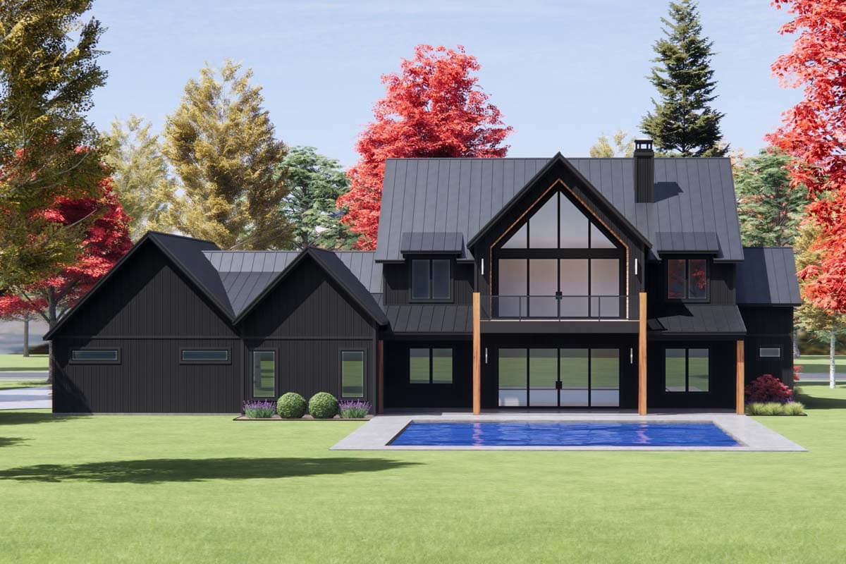 Modern house plan exterior with gabled roofs, vertical siding, large windows, and a balcony overlooking a pool.