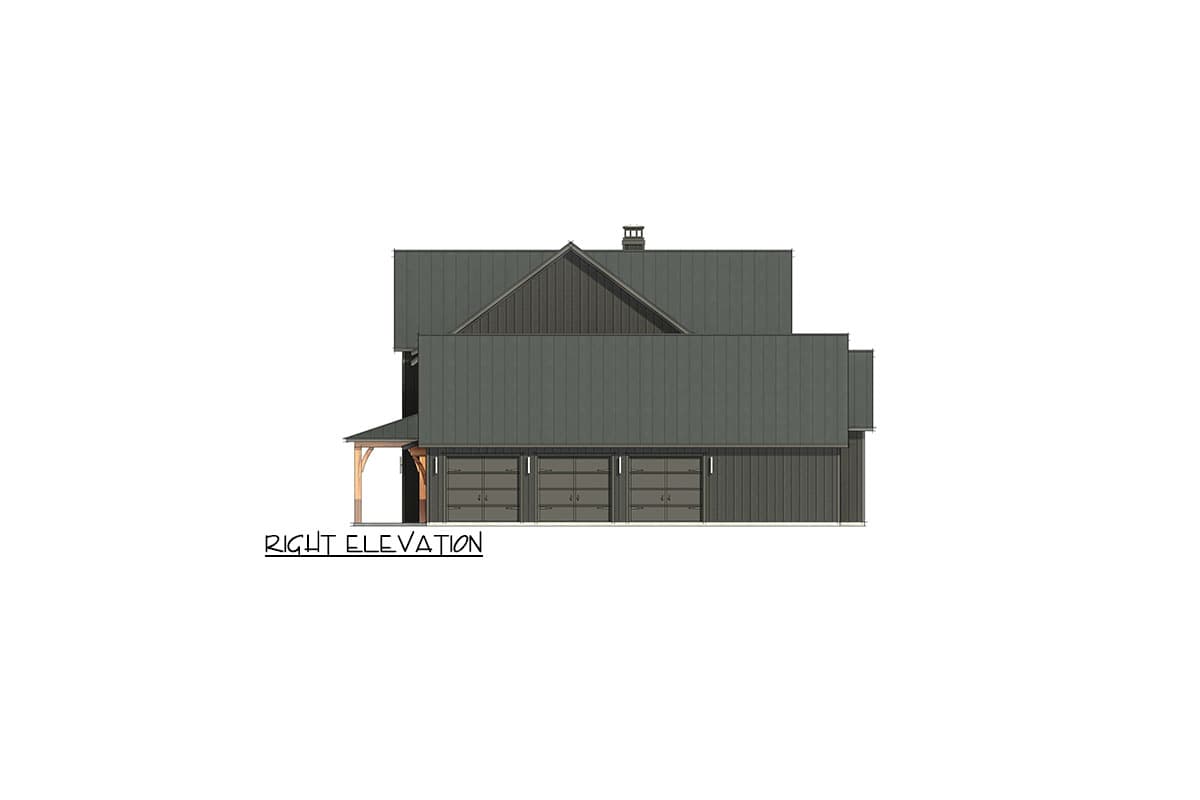 House plan right elevation showing a multi-story structure with a metal roof and a three-car garage.